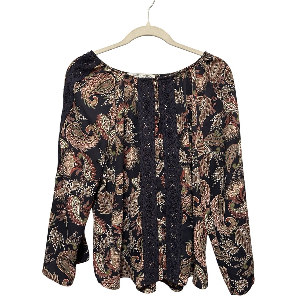 Collective Concepts‎ paisley Blouse women's Size XL boho keyhole crochet lace